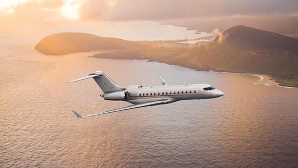 Global 6000 exterior flying through a red sky